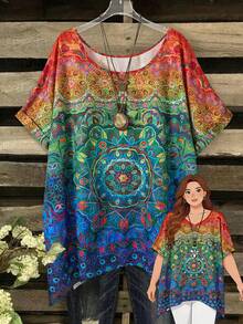 Zaforene Plus Size Women's Blue Boho Summer Vacation Ombre All-Over Print Round Neck Short Sleeve Shirt,Casual Country Style Festival Holiday Outfit Tops - Multicolor - View 1