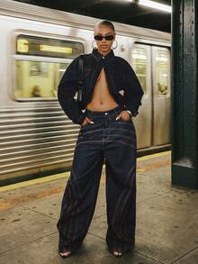 Chaqueta vaquera corta con dobladillo redondeado, moda urbana - Azul lavado oscuro - Ver 1