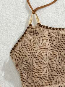 Bonvoyette 复古波西米亚风摩卡棕色女士连体泳衣，露背设计，饰有金属点缀，无后背，软杯，枫叶蕾丝纹理，半透明宽松版型，哑光面料，性感夏日度假、海滩、野餐、派对、咖啡馆礼物 - 棕色 - 查看 9