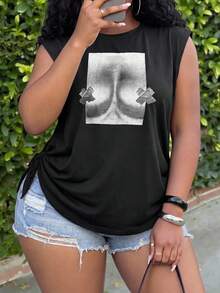 Slaydiva Women's Black And White Graphic Print Loose T-Shirt, Summer Casual Sexy Everyday Date Night Plus Size Sleeveless Tee, New Fashion Streetwear Top - Black - View 6