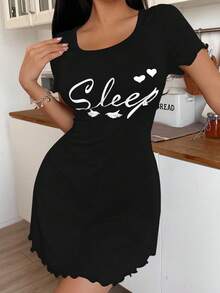 SHEIN Váy ngủ in chữ tình yêu tay ngắn thoải mái cho nữ, mùa hè - màu đen - Xem 3