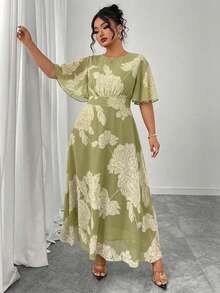 Modelyn Plus Size Women's Elegant Round Neck Ruffle Flare Sleeve Fitted Flowy Maxi Chiffon Dress, Spring/Summer - Multicolor - View 3