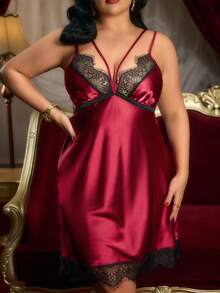 PinupPomp Color Block Lace Deep V-Neck Plus Size Silk-Like Satin Nightgown Pajama Dress - Burgundy - View 5