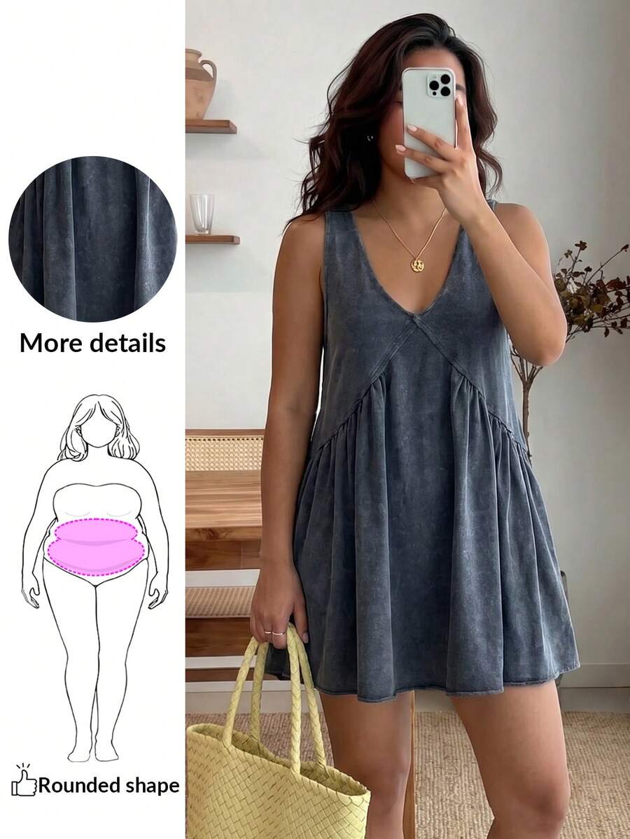 Enliva Plus Size Solid Color Minimalist Sleeveless Casual Dress - Light Grey - View 1