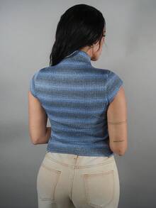 Dania Mndz Shop 女士休闲条纹 Polo 领短袖前扣 T 恤 - 藍色 - 查看 2