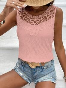 SHEIN Holidaya Vacation Casual Solid Color Lace Patchwork Sleeveless Shirt - Pink - View 3
