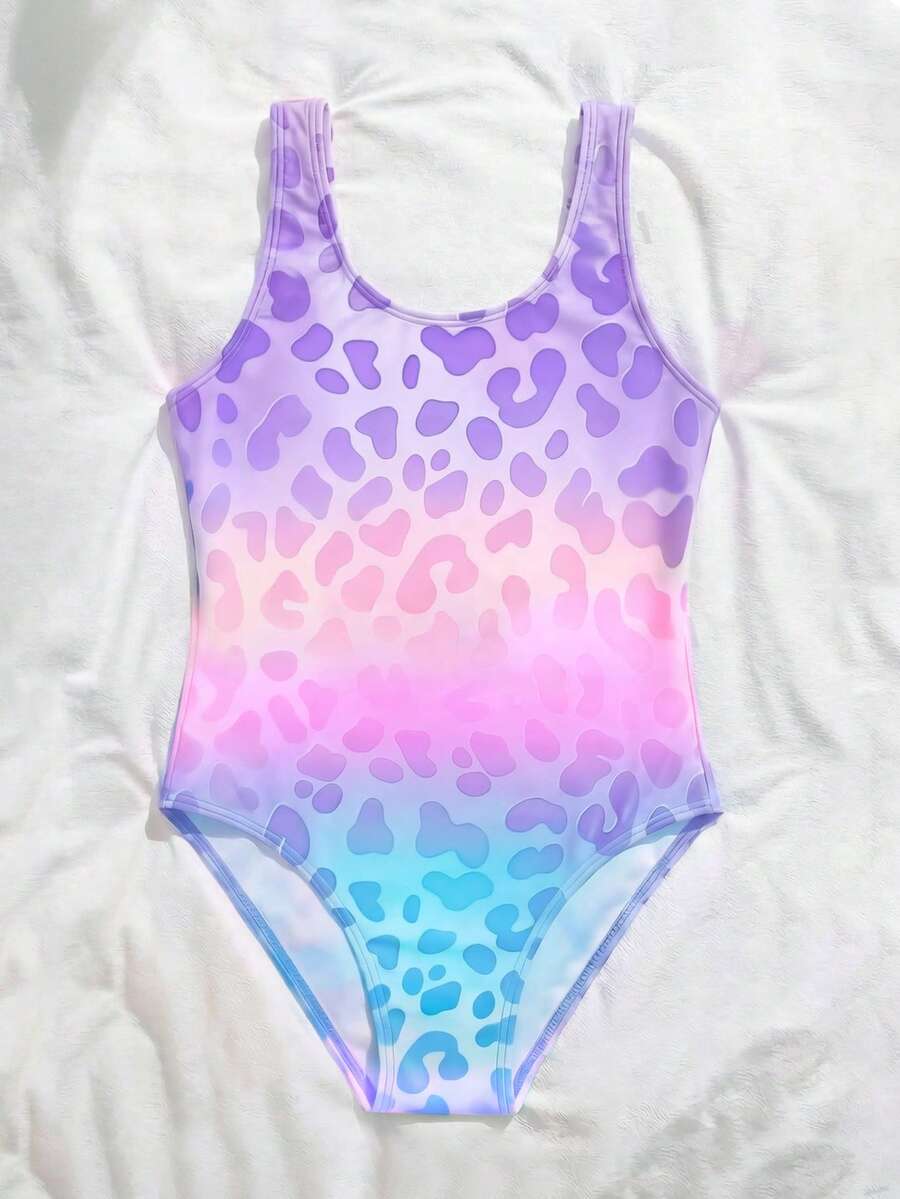 SHEIN Tween Girl Ombre Leopard Print One-Piece Swimsuit - Multicolor - View 1