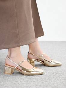 CUCCOO BIZCHIC 女士经典简约方跟高跟鞋，漆皮材质，适合全球四季通勤、优雅基础款度假、节日、办公、户外日常穿着，百搭实用 - 金黃色 - 查看 5