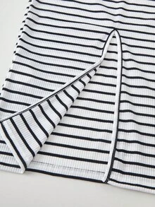 SHEIN 少女休闲简约百搭短袖及膝连衣裙 - 黑與白 - 查看 3