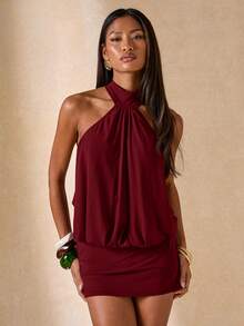 SHEIN BAE 女士纯色简约无袖休闲连衣裙 - 酒紅色 - 查看 3