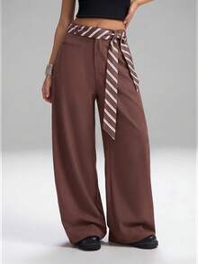 SHEIN EZwear 大码时尚通勤纯色弯腿西装裤阔腿裤宽松裤女装秋冬款 - 酒紅色 - 查看 4