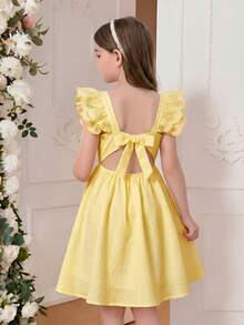 SHEIN Tween Girls' Woven Solid Color Lace Ruffle Hem Snug Fit Dress, Yellow - Yellow - View 8