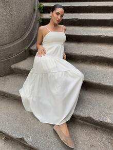 浅杏色纹理面料褶皱抹胸宽腰细肩带连衣裙，轻松度假风格 - 杏色 - 查看 4