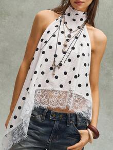 Bohemela Women's Summer Casual Boho White With Black Polka Dots Polka Dot Contrast Lace Trim Asymmetric Hem Stand Collar Sleeveless Tank Top Vacation - White - View 1