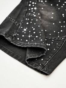 RONVEXI Men's Street Style Washed Loose Fit Black Denim Shorts With Rhinestone Decor - Black - View 3
