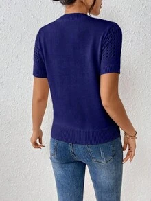 Áo dệt kim tay ngắn cổ tròn màu trơn dành cho nữ, thích hợp mặc mùa hè hoặc dịp năm mới. - Xanh đậm - Xem 2