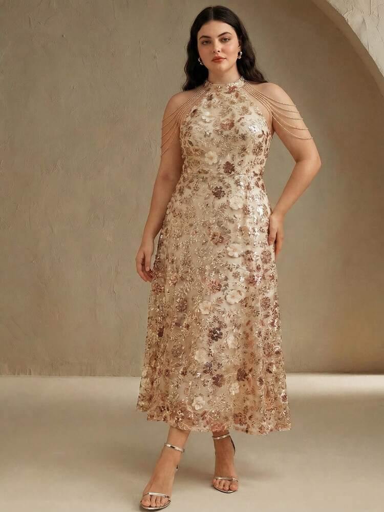 Modern Champagne-Colored Sophisticated Elegant Sleeveless Halter-Neck Long Dress With 3D Floral Patterns And Sequin Design, Suitable For Banquets, Dates, And Vacations