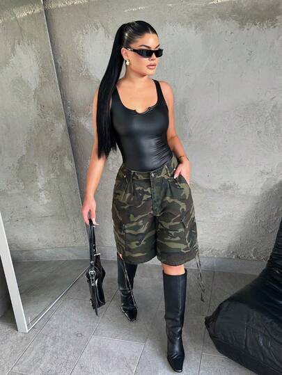 Dayanna Comas 女士迷彩印花休闲宽松口袋牛仔工装短裤