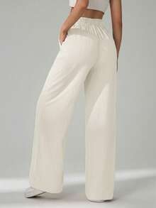 SHEIN Tall Pantalones casuales de unicolor con cordones para mujer, para ir al trabajo, para mujeres altas - Beis - Ver 2