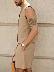 Airaco Bộ đồ nam thường ngày gồm áo ba lỗ không tay màu trơn và quần short. - Màu Khaki - Xem 3