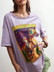 Bohemela BOHO Street Wear Western Cowboy Print Casual Solid Color Knit Round Neck Short Sleeve Loose T-Shirt For Women, Summer Top Everyday Lavender - Mauve Purple - View 4