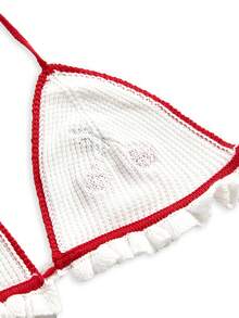 Sweetness Spring Cute Cherry 3D Embroidery Soft Knit Crop Top, Beach Cover Up - Apricot - View 4
