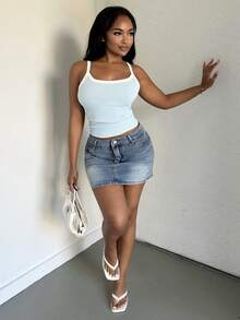 Alexandranx 女式牛仔迷你裙，都市时尚商务休闲街头服饰 Y2K 风格，适合万圣节、圣诞节、派对、音乐节 - 淺色水洗藍 - 查看 1