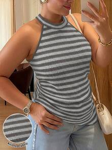 Vionelle Blusa casual versátil de uso diario con cuello de halter, a rayas y patchwork para mujer de talla grande - Gris Claro - Ver 1