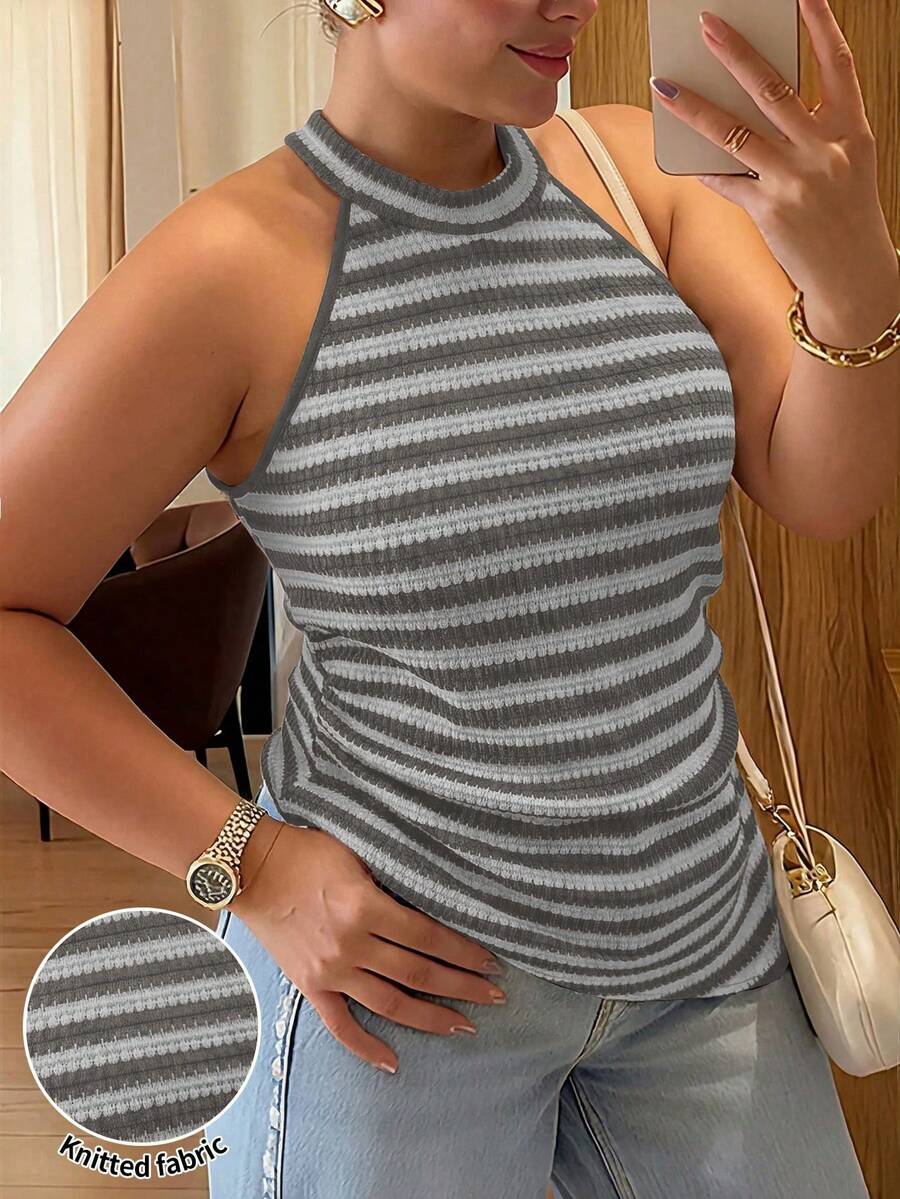 Vionelle Blusa casual versátil de uso diario con cuello de halter, a rayas y patchwork para mujer de talla grande - Gris Claro - Ver 1