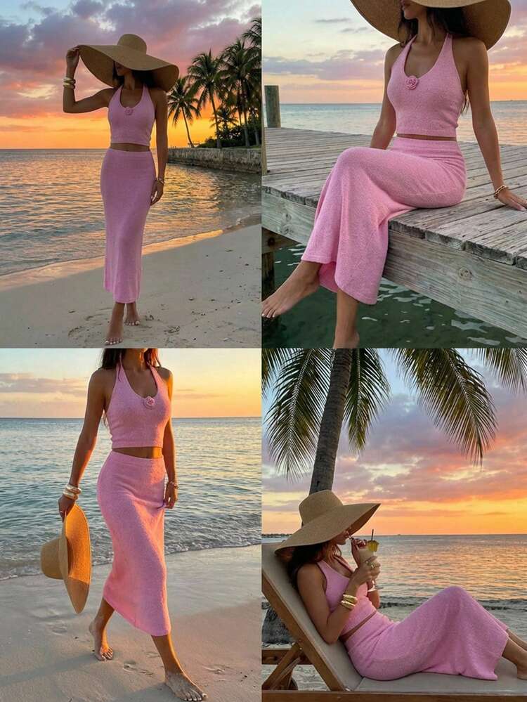 Women's Solid Color Fitted Short Spaghetti Strap Backless Camisole & Bodycon Skirt 2-Piece Vacation Outfit, Summer