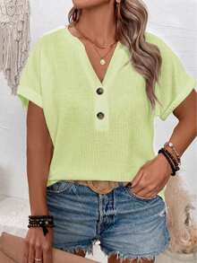 EMERY ROSE 2025 New Plus Size Women's Fashion Casual V-Neck Button Shoulder Sleeve Sea Salt Blue-Green Short Sleeve T-Shirt - Green - View 3