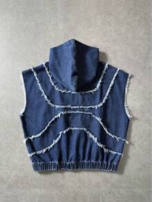 Áo khoác denim nam không tay có mũ, kiểu dáng thường ngày, bạc màu và rách rưới. - Màu xanh lam - Xem 2