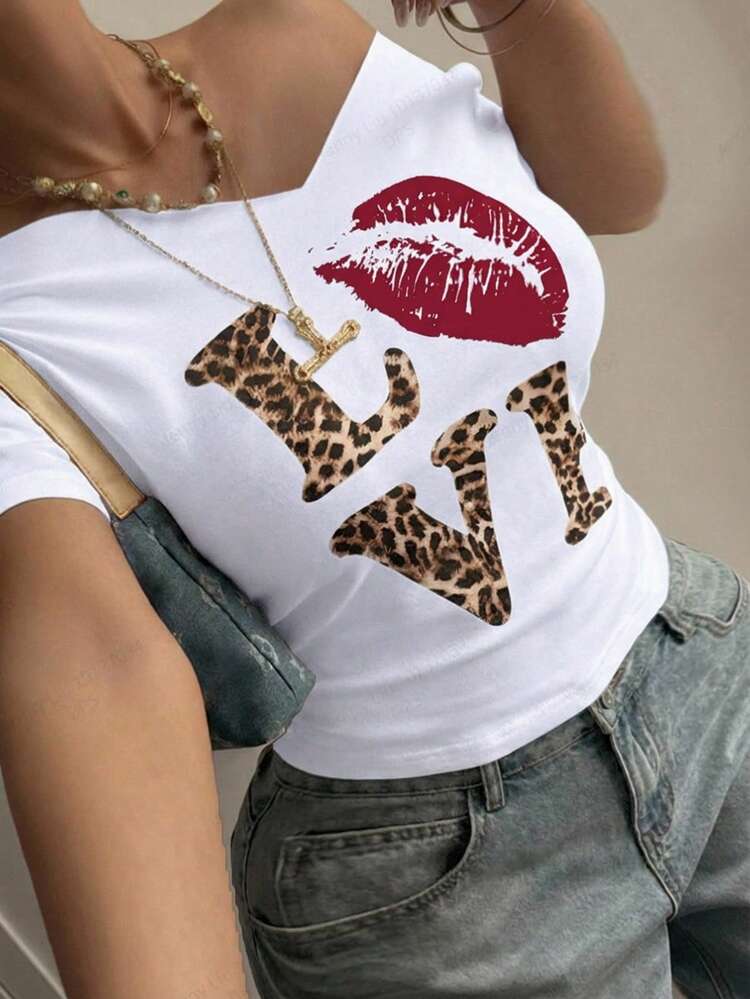 Dazy Plus Plus Size Women Loose Casual Leopard Print Beach T-Shirt, Suitable For Spring, Summer, Valentine's Day, Vacation