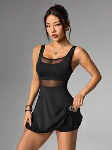 Slayform Slayform 女士时尚百搭网纱拼接运动连衣裙和短裤套装 - 黑色 - 查看 4