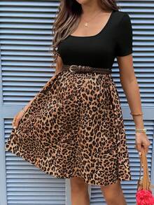 SHEIN Đầm ngắn tay thanh lịch cổ vuông họa tiết da báo dành cho bà bầu, thích hợp cho mùa hè. - màu đen - Xem 6