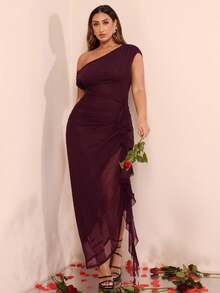 SHEIN BAE Plus Size Dresses,Dark Purple,Autumn,Elegant,Night Out Club Curve Formal Party Asymmetric Neck Open Shoulder Slit Ruched Ruffle Fitted Women's - Maroon - View 1