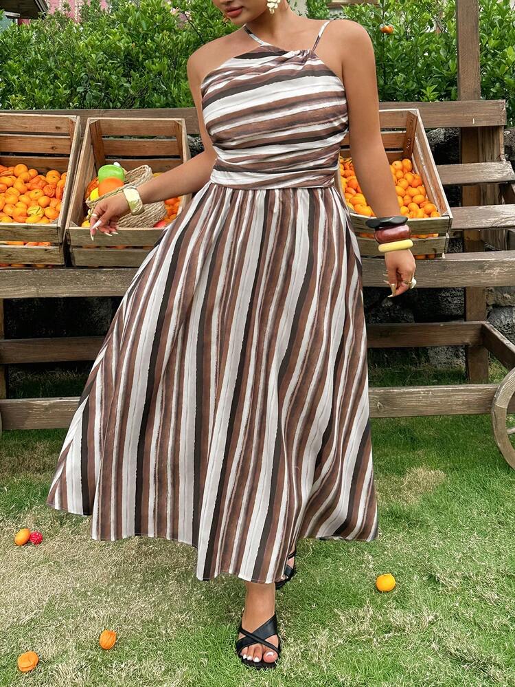 Dazy Plus Spring & Summer Fashion Geometric Pattern Striped Color Block Bohemian Satin Camisole And Loose Casual Skirt Set, Elegant Vacation Beach Commute, Plus Size Lounge Sets For Women