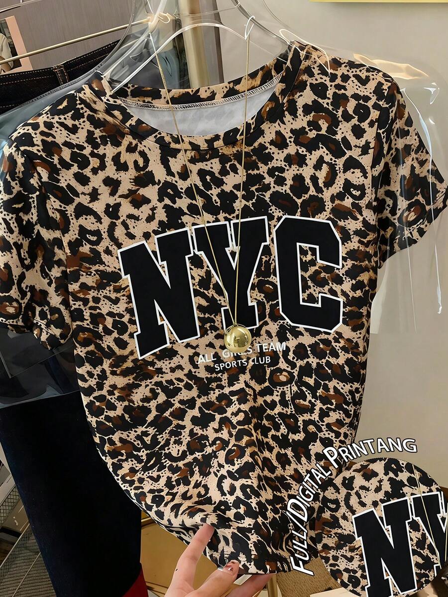 Camiseta casual de mujer con cuello redondo y manga corta con estampado de letra y leopardo - Multicolor - Ver 1