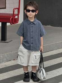 Dazy Kids Áo thun denim rộng rãi, thoải mái cho bé trai, họa tiết ngôi sao, thích hợp cho mùa hè. - Rửa tối - Xem 5