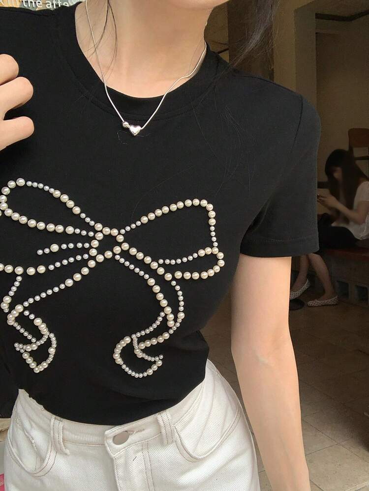 Women's Summer Round Neck Bow Tie Pearl Decor Short Sleeve Casual T-Shirt