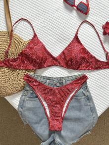 SHEIN Swim Vcay 女士两件式热带印花可调节肩带比基尼套装，性感高腰三角泳裤，优雅沙滩度假比基尼套装，情人节礼物 - 彩色 - 查看 5