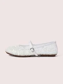 CUCCOO DOLLMOD Women's Shoes Fashion Round Toe Flower Embroidery Word With Mary Jane Flats Cute And Sweet - Star white - View 2