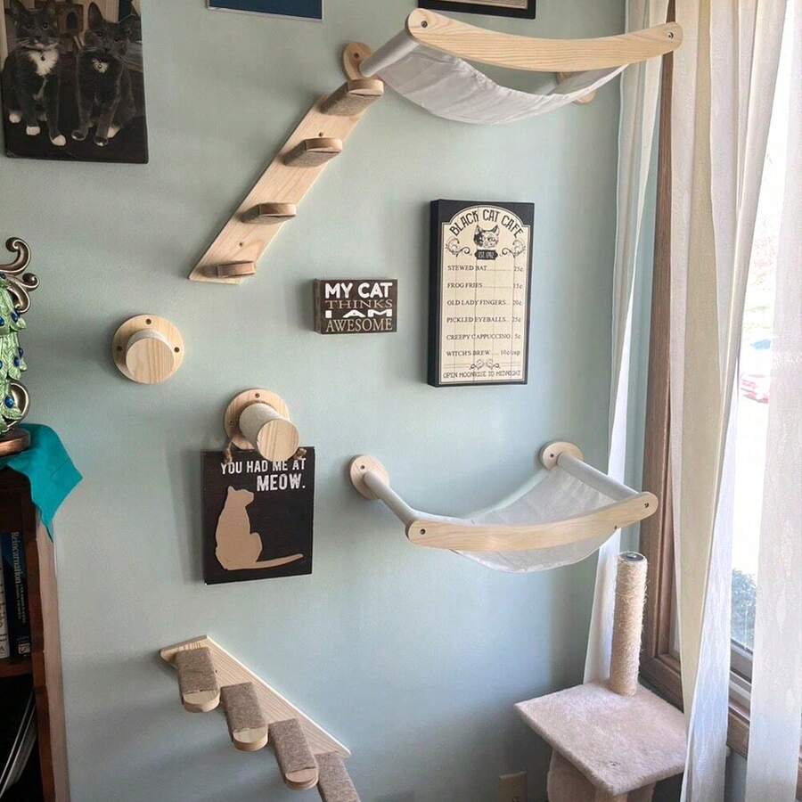 1件装壁挂式猫咪攀爬架/栖架,猫吊床/猫梯/猫抓柱,室内猫咪壁挂架,供猫咪玩耍、攀爬和休息,最大承重12公斤/26磅 - 杏色 - 查看 1