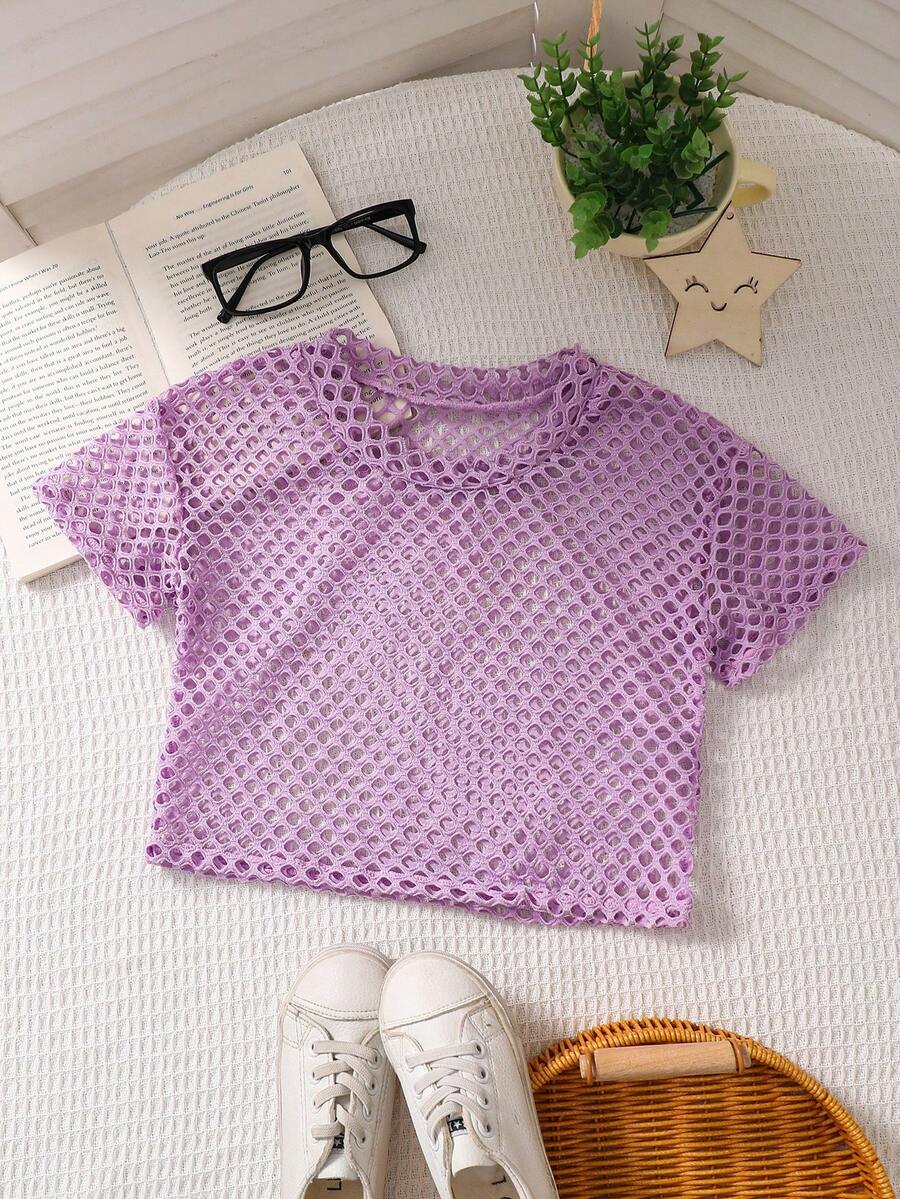 SHEIN Áo khoác ngoài dệt kim lưới màu trơn cho bé gái - Màu tím - Xem 1