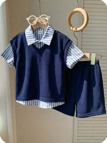 SHEIN 3pcs Baby Boy/Girl Navy Blue Preppy Vest,Shorts,Striped Shirt Set,Summer Casual Family Matching Outfit For Birthday Party,Wedding,School,Christening - Multicolor - View 6