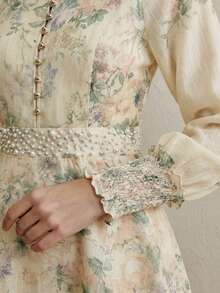 Anewsta Elegant Fashion Gradient Placement Print Collar Pearl Decor Flare Cuff Long Sleeve Dress For Women - Apricot - View 7