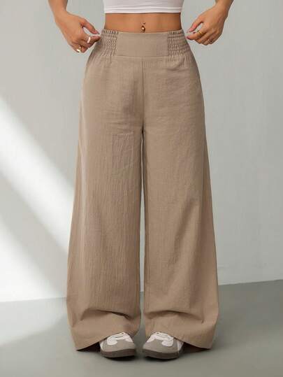 SHEIN PETITE 2026春夏新款休闲日常出行、聚会、通勤、返校、约会、居家、生日派对等多种场合皆宜的宽松弹力腰阔腿裤，米色