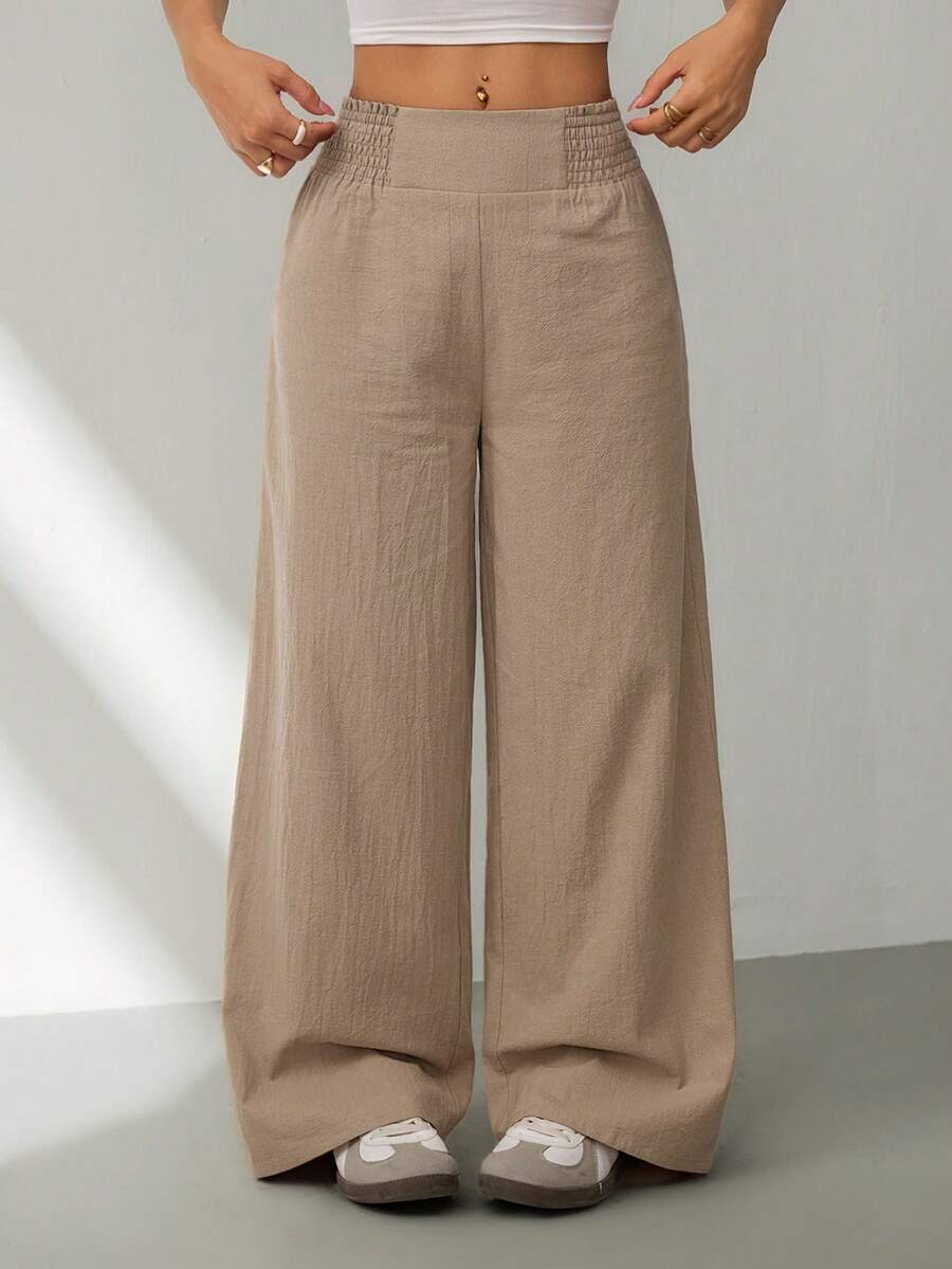 SHEIN PETITE 2026春夏新款休闲日常出行、聚会、通勤、返校、约会、居家、生日派对等多种场合皆宜的宽松弹力腰阔腿裤，米色 - 卡其色 - 查看 1