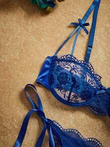 PinupPomp Bộ 2 quần lót ren thêu họa tiết lãng mạn màu đỏ tía dành cho nữ - Xanh đậm - Xem 4