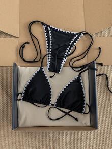 Bonvoyette 夏季度假女童纯色撞色贝壳刺绣荷叶边两件套比基尼套装 - 彩色 - 查看 6